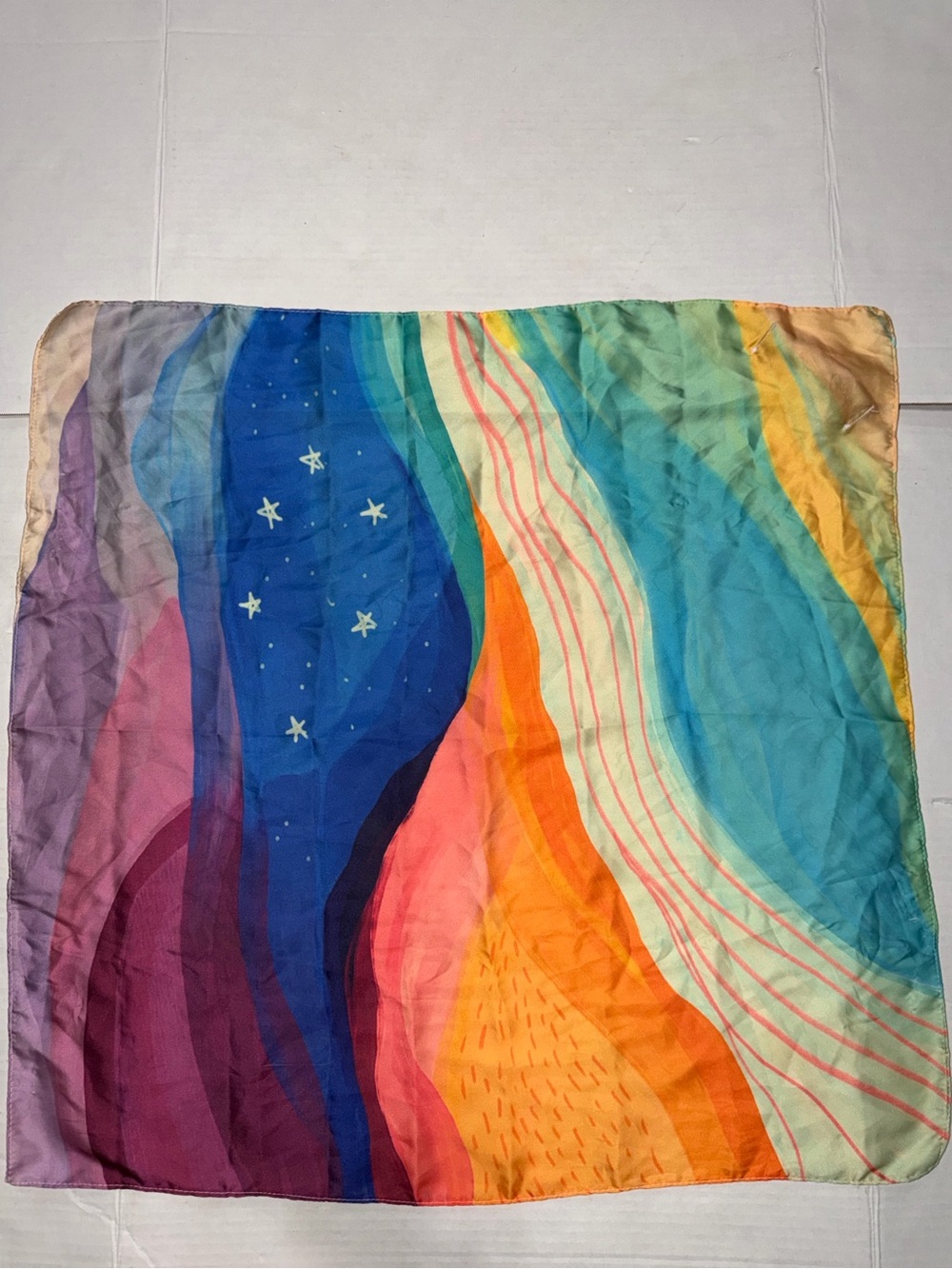 Multicolor Wave Print Silk Scarf - Vibrant Rainbow Design